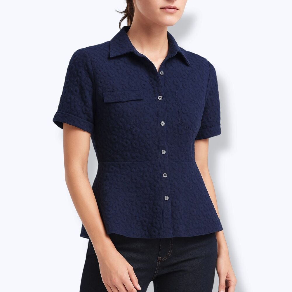 Banana Republic Floral Embroidered Peplum Button-Front Shirt in Navy